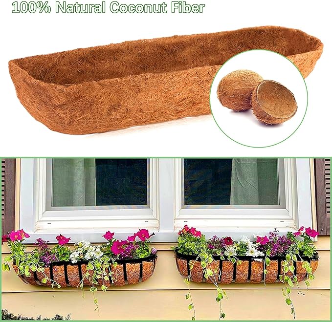 Coco Liners for Planters - 2 Pack 24 Inch Trough Coconut Liners for Planters, Window Box Coco Liners, 100% Natural Coconut Fiber Liners for Wall Hanging Basket, Window Box, Fence Baskets