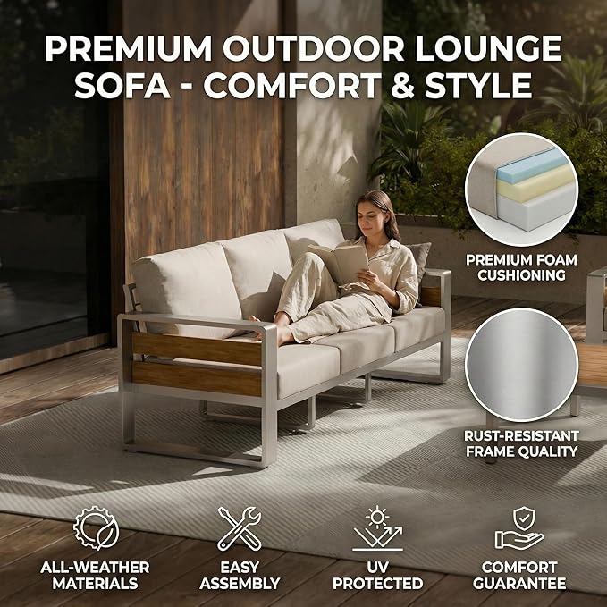 ZANDOR Aluminum Outdoor Patio Furniture - 1 Pcs Loveseat and Coffee Table, All-Weather Metal Modern Outside Furniture with Washable Thick Cushion for Garden/Backyard/Porch, Silver