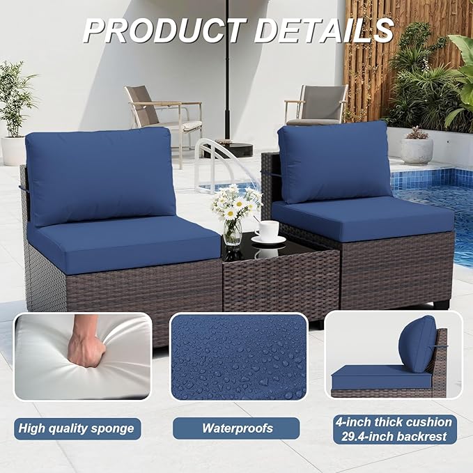 ALAULM Patio Furniture Set with Coffee Table, 9 Pieces Outdoor Sectional with Wide Seat and Thick Cushion, All Weather Wicker Rattan Conversation Set for Backyard, Garden, Deck, NavyBlue