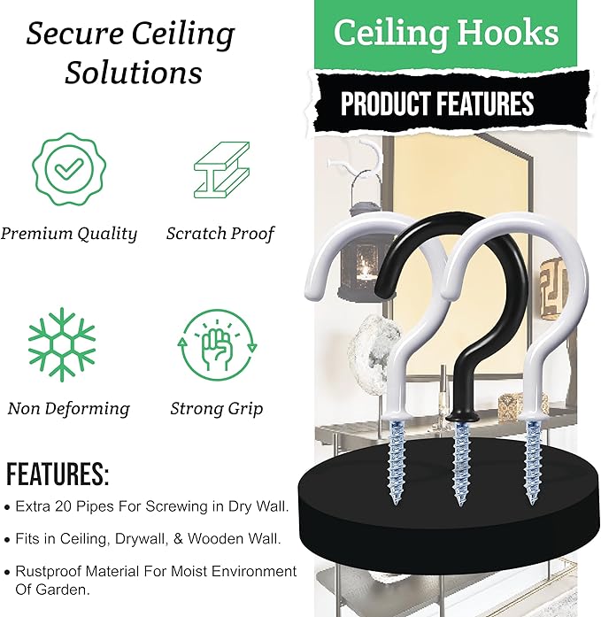 12 Pcs Ceiling Hooks for Hanging Plants, Cups, Utensils and Christmas String Lights, 1-1/4 inch Vinyl Coated Screw-in Plant and Cup Hooks for Wooden and Drywall with Anchors - White & Black