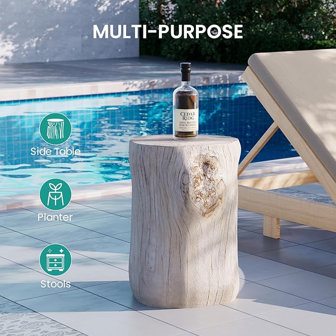 SUNBURY Outdoor Side Table Set of 2, Tree Stump Side Table Antique Beige Colored Faux Wood, End Table Wood Stump Stool, Ottoman or Plant Stand, Deck or Garden