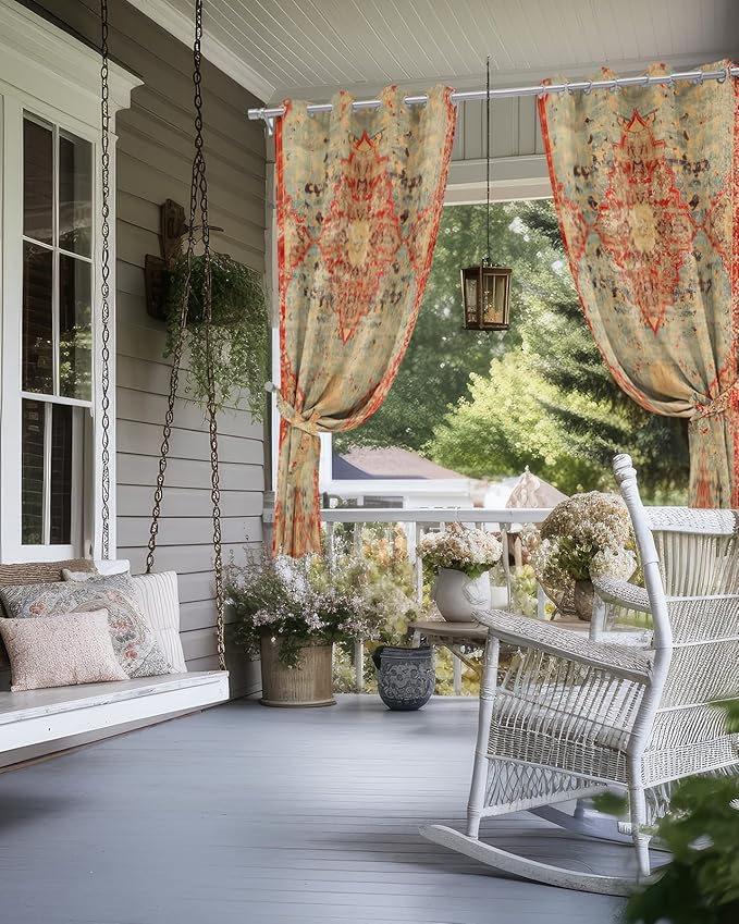 Boho Outdoor Curtains for Patio Waterproof, Grommet Privacy Curtain Drapes Weatherproof Outside Curtains for Porch GazeboPergola Cabana 2 Panel 54x108inch Rustic Bohemian Floral Tribal Orange