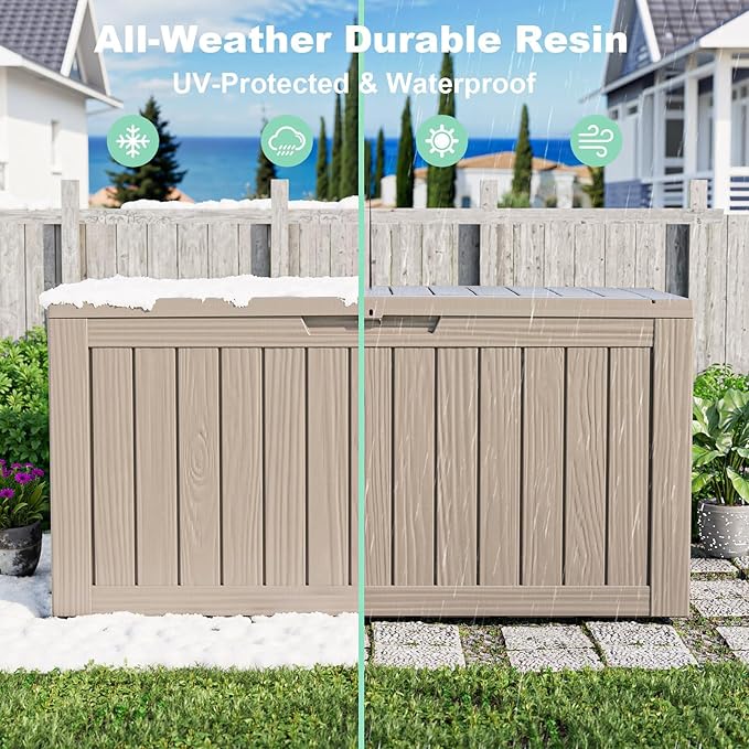 ROJIK Outdoor Storage Housing Deck Box - Waterproof Patio Furniture, Garden Tools, Cushions, Pool Accessories Storage Bench with Lockable Lid and Side Handles (Grey 76 Gal)