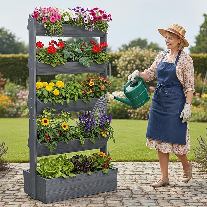 Wooden Vertical Raised Garden Bed, 5 Tier Garden Planters Raised Beds Freestanding Plant Stand Flower Rack Wooden Planter Box for Plants Herbs Flowers Vegetables Outdoor Indoor Gardening