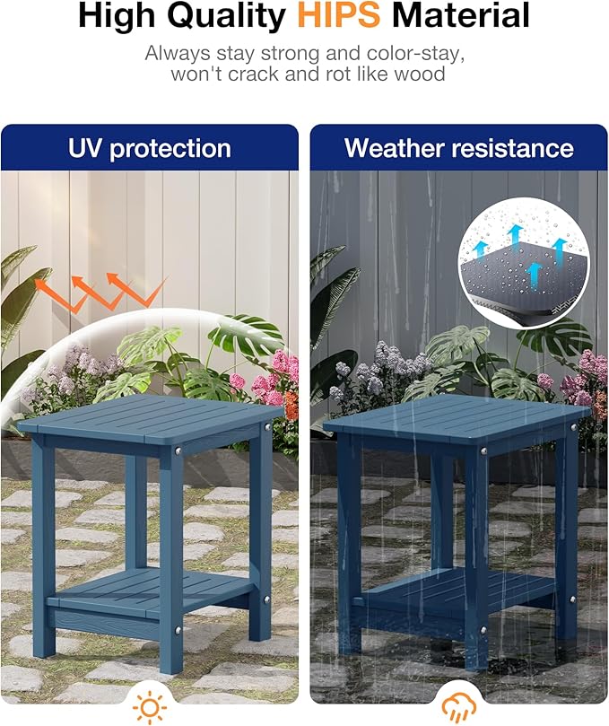 YEFU Outdoor Side Table for Patio: 16" HIPS Weather - Resistant Adirondack Tables - Waterproof Small Square End Tables for Backyard Pool Porch Balcony - Indoor Outdoor Double Layer Table Navy Blue