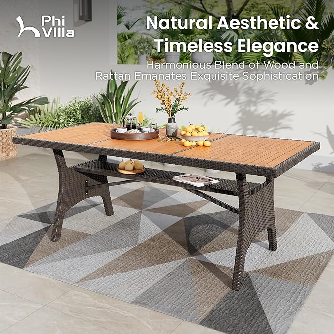 PHI VILLA Outdoor Dining Set for 6, Rectangular Rattan Table with Acacia Wood Top & Wicker Chairs with Cushions, 74” Large Modern Furniture Set for Patio, Deck, Backyard, Porch