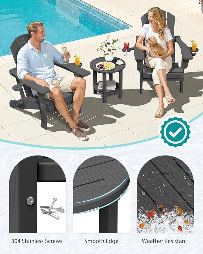 SERWALL Round Outdoor Side Table Set of 2, HDPE Small Adirondack Double End Table, Gray