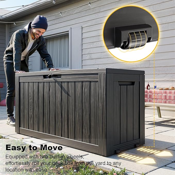 85 Gallon Outdoor Deck Box, Lockable Waterproof Outdoor Storage Boxes For Garden Tools,Indoor Cushions,Accessories Outside Storage Resin Weatherproof Container(Black)