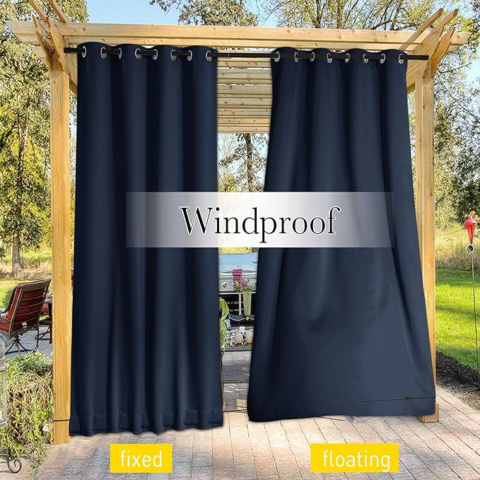 NICETOWN 2 Panels Gazebo Curtains Outdoor Waterproof & Windproof, Top and Bottom Grommet with Back Tab Wind-Break Outdoor Dividers Blackout Blinds with Fixed Rope for Patio, W52 x L95, Navy Blue
