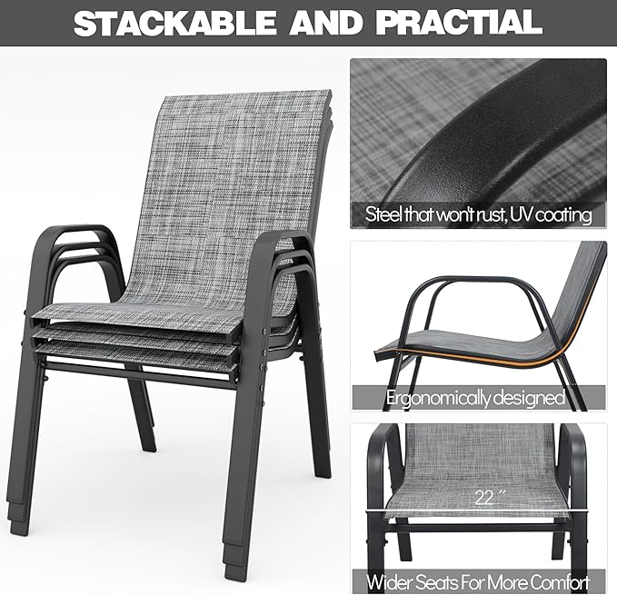 Patio Chairs Set of 4, Stackable Outdoor Dining Chairs for All Weather Textilene Fabric & Metal Frame, Outdoor Chairs Set for Backyard Deck Garden (Grey, Set of 4)