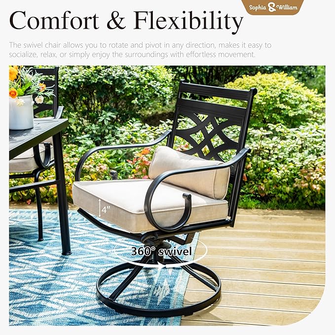 Sophia and William Swivel Patio Dining Set for 6, Outdoor Table and Chairs, Removable Seat Cushions, 59" Black Patio Dining Table