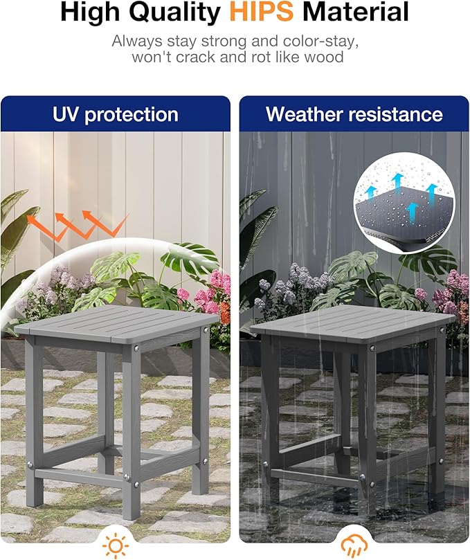 YEFU Outdoor Side Table for Patio: 16" HIPS Weather - Resistant Adirondack Tables Set of 2 - Small Square End Tables for Backyard Pool Porch Balcony - Indoor Outdoor Durable Table Grey