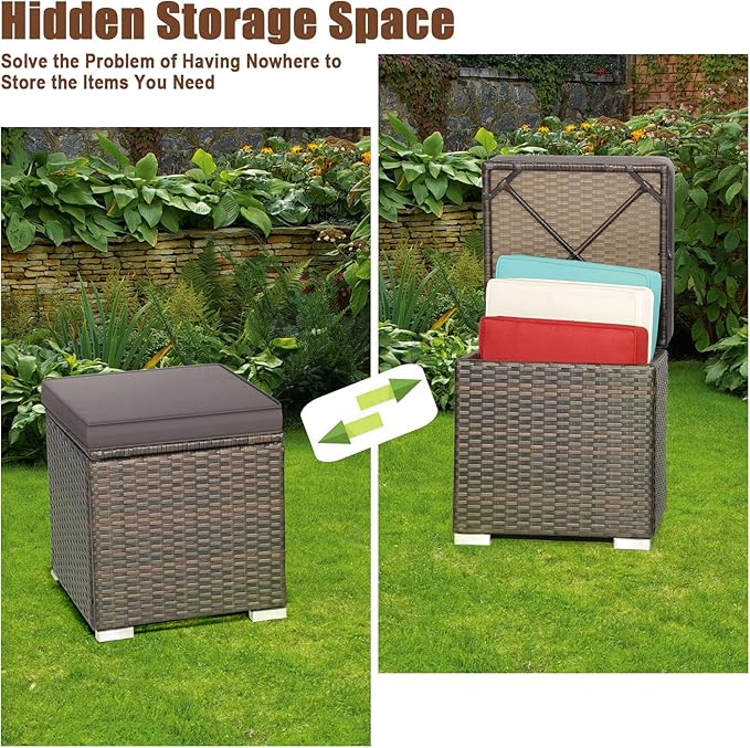 RELAX4LIFE Wicker Outdoor Storage Ottoman, 2-Piece Rattan Footstool w/Removable Cushion, Multipurpose Footrest Stool Side Table Additional Seating, Set of 2 Outdoor Ottomans for Patio Deck (Grey)