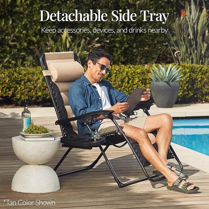 Best Choice Products Oversized Padded Zero Gravity Chair, Folding Outdoor Patio Recliner, XL Anti Gravity Lounger for Backyard w/Headrest, Cup Holder, Side Tray, Polyester Mesh - Ice Gray