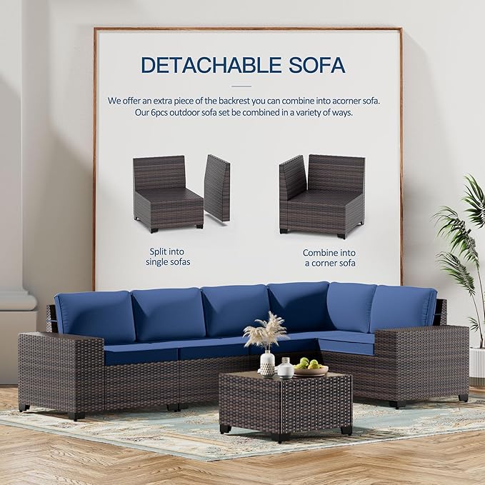 Kullavik 12 Pieces Outdoor Patio Furniture Set PE Wicker Rattan Sectional Sofa Patio Conversation Sets,Navy Blue