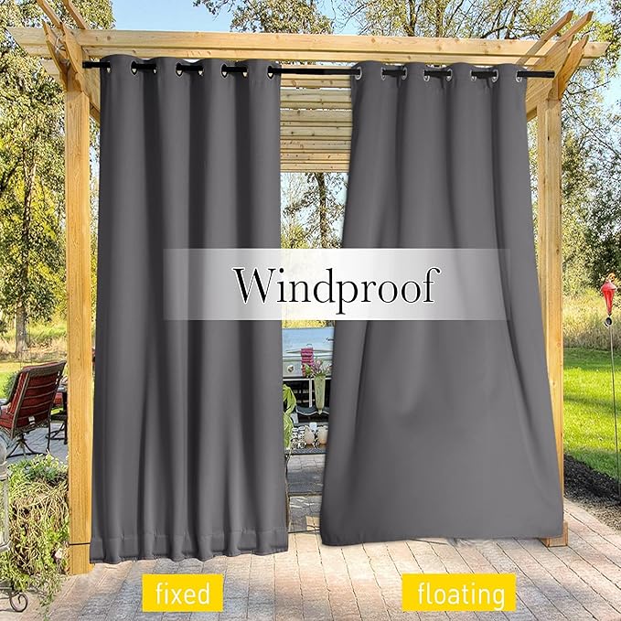 NICETOWN 2 Panels Weighted Blackout Curtains for Patio Waterproof, Grommet & Back Tab on Top & Bottom Windproof Blackout Outdoor Curtains for Porch with Bouns Rope for Fixed, Grey, W52 x L84
