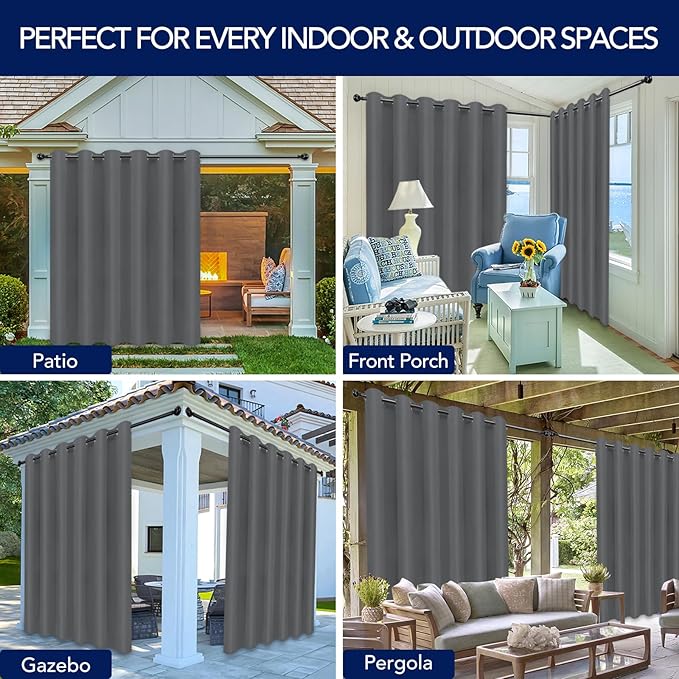 PureFit Outdoor Curtains for Patio Waterproof Weatherproof, UV Resistant Outside Curtains for Gazebo, Front Porch, Pergola, Sun Blocking Privacy Curtain, 100W x 84L inch, 1 Panel, Gray