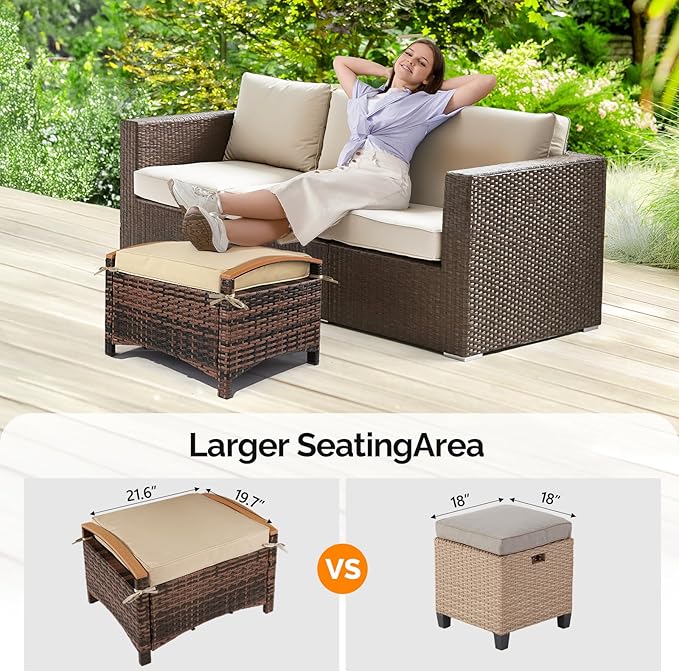 VINGLI Wicker Outdoor Ottoman Set of 2, All Weather PE Rattan Footstool for Patio w/Removable Cushions, Waterproof Rattan Foot Rest for Garden, Balcony, Poolside (Brown)
