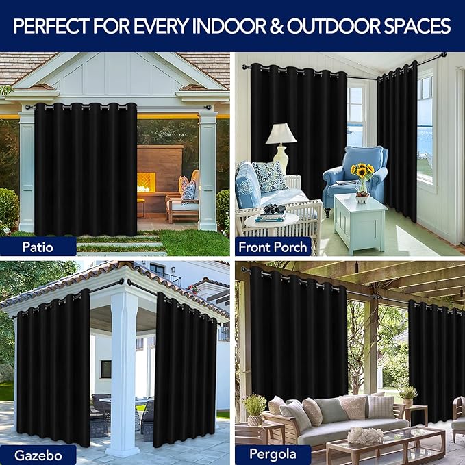 PureFit Outdoor Curtains for Patio Waterproof Weatherproof, UV Resistant Outside Curtains for Gazebo, Front Porch, Pergola, Sun Blocking Privacy Curtain, 100W x 120L inch, 1 Panel, Black