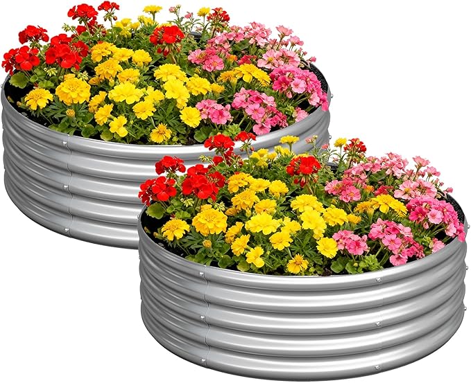 zizin 2 Pack Galvanized Raised Garden Bed Metal Round Raised Garden Beds Outdoor Planter Box for Vegetables (4FT, Silver)