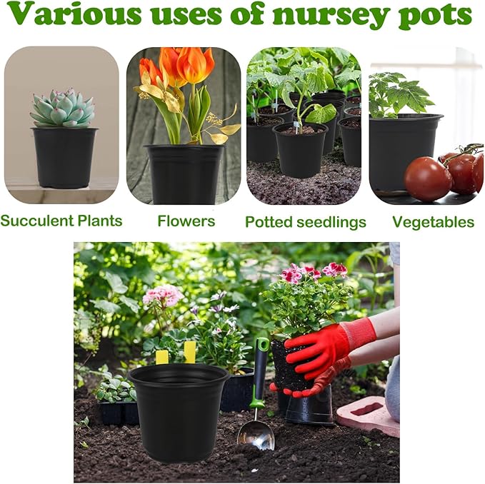 100 Packs 4 Inch Nursery Pots, 4 5 6 Inches Plastic Nursery Pots for Plants with Drainage Holes, Seed Starting Garden Pots of Flower Plant Container for Succulents, Transplanting (100, 4 Inch)