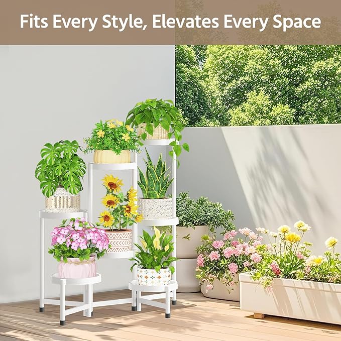 LASZOLA 7 Tiered Folding Plant Stand Indoor for Multiple Large Planter, Tall Heavy Duty Adjustable Rack with Rust Proof Plastic Shelving, Sturdy Vertical Tree Organizer for Narrow Inside Floor, White