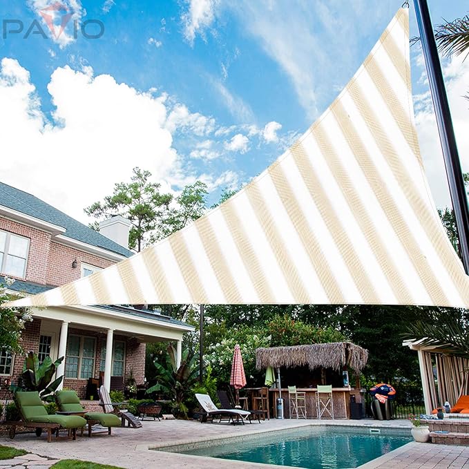 Patio Paradise 28' x 28' x 28' Sun Shade Sail Triangle Canopy Shade Cloth Fabric Sunlight Block Patio Pergola Cover HDPE Deck Awning for Outdoor Backyard Roof Shading, Beige White Strip