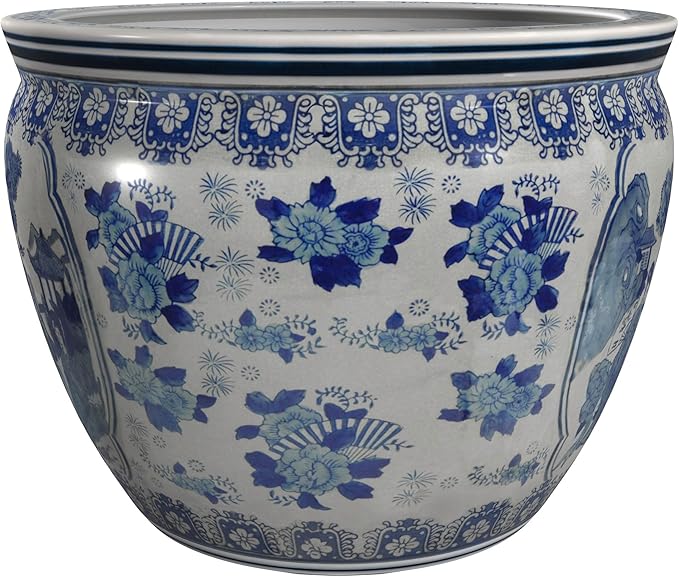 Red Lantern 12" Ladies Blue & White Porcelain Fishbowl Planter or Cachepot for Indoor/Outdoor Use in Garden Entryway Living Room Boho Eclectic Modern Contemporary Classic Traditional Style Decor