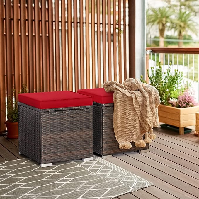 RELAX4LIFE Wicker Outdoor Storage Ottoman, 2-Piece Rattan Footstool w/Removable Cushion, Multipurpose Footrest Stool Side Table Additional Seating, Set of 2 Outdoor Ottomans for Patio Deck (Red)