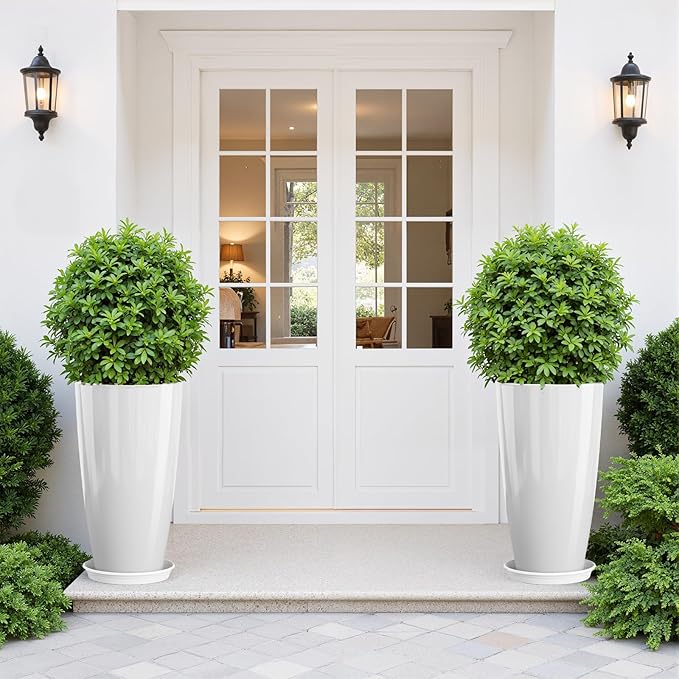 QCQHDU 21 inch Tall Planters for Outdoor & Indoor Plants, Set of 2 Large Outdoor Planters with Drainage Hole for Front Porch, Patio, Garden, White
