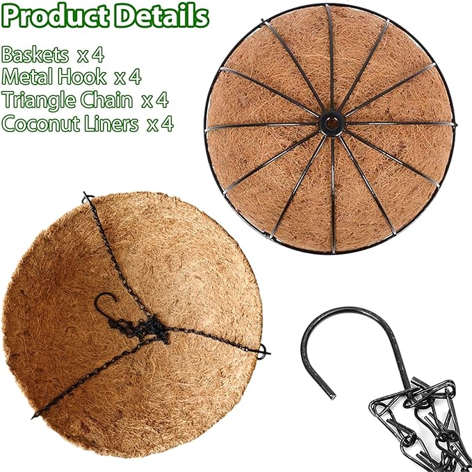 Hanging Baskets Planter for Plants - 4 Pack 14 Inch Metal Baskets with Coco Coir Liner, Hanging Flower Pots for Outside with Chain, Indoor Outdoor Garden Porch Decoration (14'' Pack of 4)