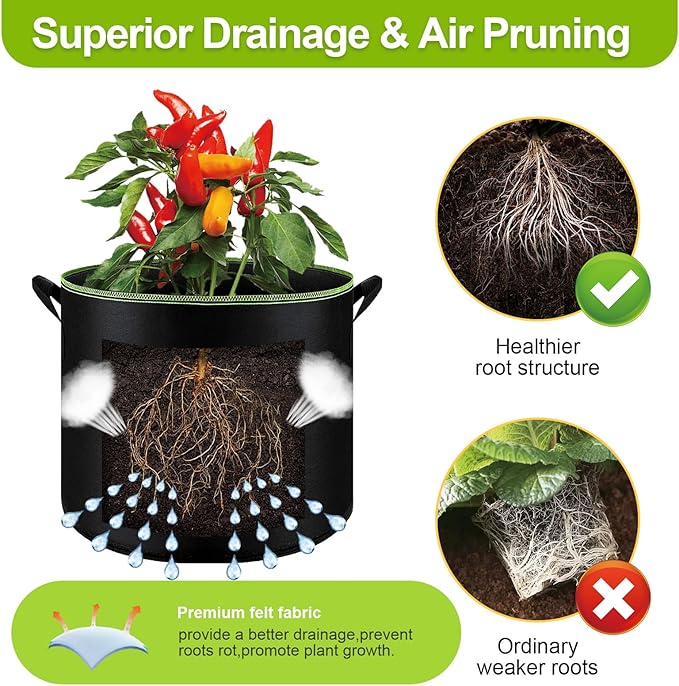 6-Pack 10 Gallon Grow Bags - 300G Heavy Duty Aeration Fabric Pots with Handles,Thickened Nonwoven Planter Bags for Vegetables Flowers Fruits