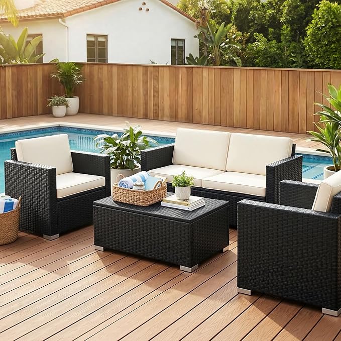 ONBRILL Outdoor Coffee Table with Storage, Rattan Storage Coffee Table with Internal Waterproof Bag, Low Side Table for Patio, Porch, Backyard, Poolside - Black