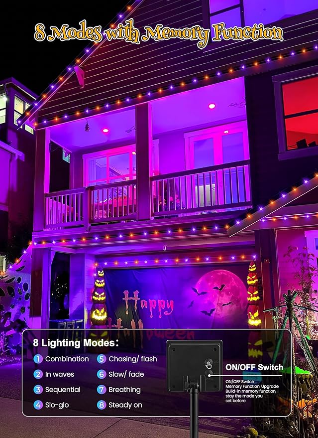 Brightown 4 Pack Solar Halloween String Lights, Total 184FT 480 LED Solar Lights Outdoor Waterproof Black Wire with 8 Modes, Solar Fairy Light for Garden Yard Patio Party Decors, Orange and Purple