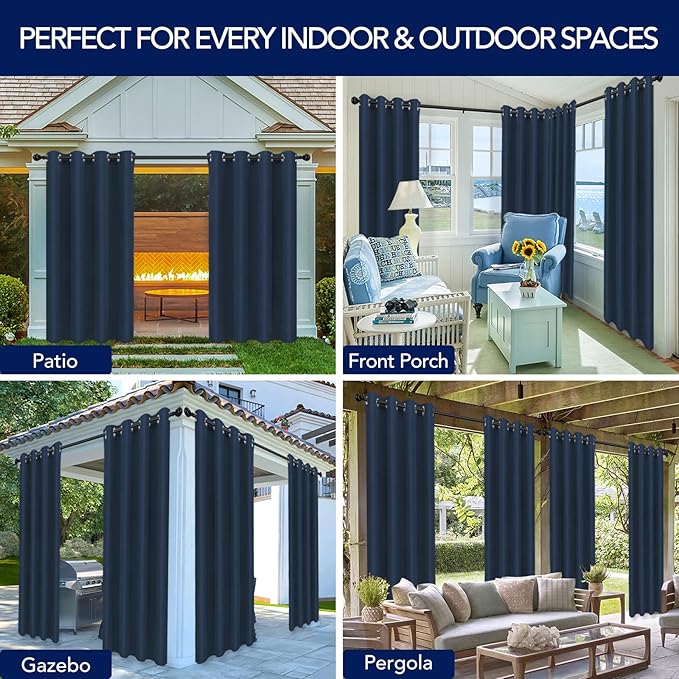 PureFit Outdoor Curtains for Patio Waterproof Weatherproof, UV Resistant Outside Curtains for Gazebo, Front Porch, Pergola, Sun Blocking Privacy Curtain, 52W x 108L inch, 1 Panel, Navy Blue