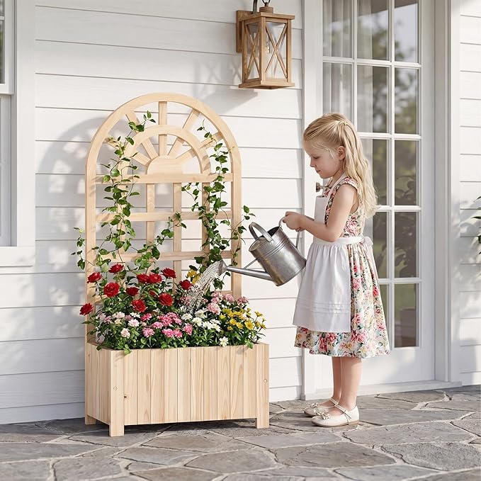 Giantex Wooden Raised Garden Bed with Arched Trellis, 48” Fir Wood Outdoor Elevated Planter Box Privacy Screen with Drainage Holes, Vertical Garden Bed for Climbing Plants, Patio Balcony Backyard