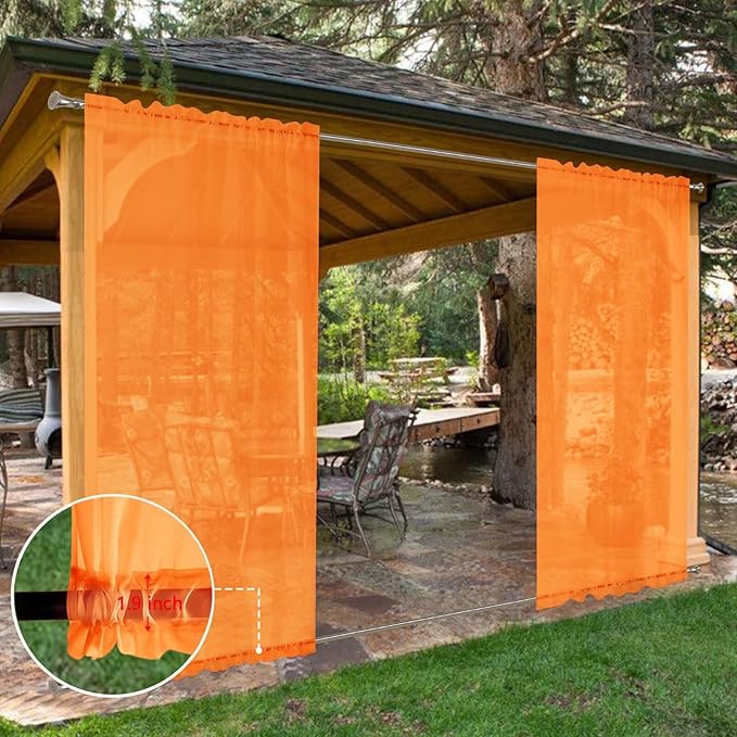 SpaceDresser Waterproof Outdoor Sheer Curtains for Patio - 2 Panels Rod Pocket Indoor Voile Sheer Curtain for Living Room,52W x 120L inch,Orange