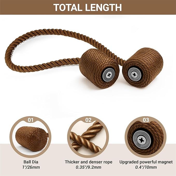 Hion Magnetic Curtain Tiebacks Dark Brown 2pcs, Curtain Tiebacks Buckles Holdbacks Holders Hooks Clip for Home Bedroom Office Decorative Curtain