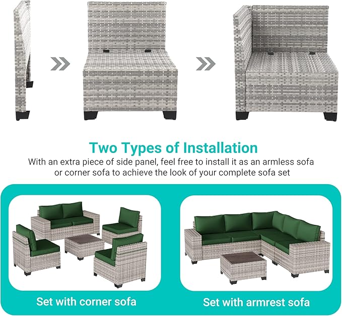 12-Piece Outdoor Patio Furniture Set Wicker Sectional Sofa Set, Patio Conversation Set with Thickened Cushions & Coffee Table for Garden, Backyard, Poolside, Green