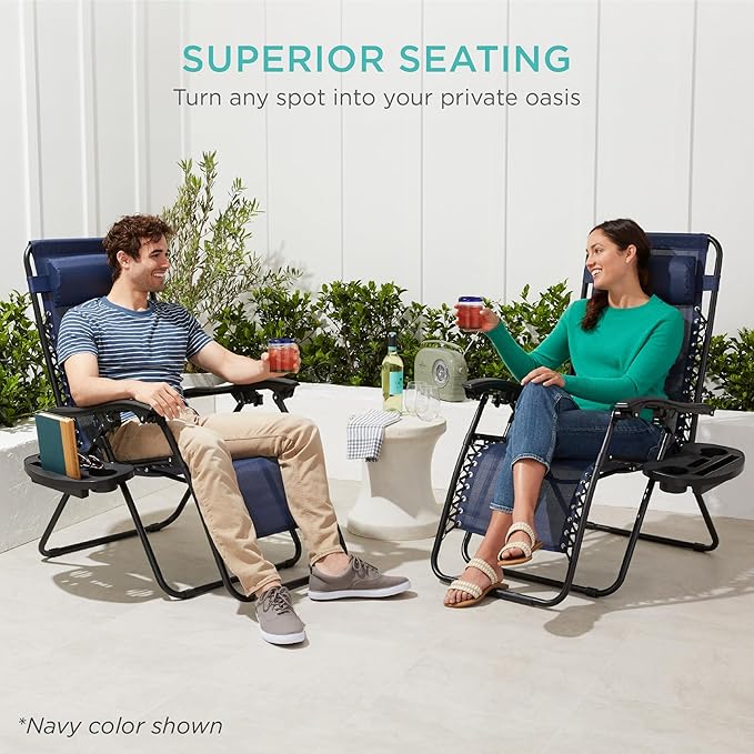 Best Choice Products Set of 2 Adjustable Steel Mesh Zero Gravity Lounge Chair Recliners w/Pillows and Cup Holder Trays - Cobalt Blue