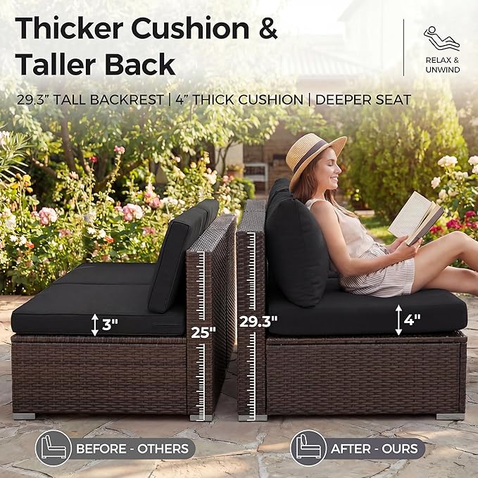 NICESOUL 29.3'' High Back Patio Set with Firepit Propane & Natural Gas, 7 Piece Oversized Large Wicker Outdoor Sectional Couche Sets, Heavy Duty Backyard Furniture, Brown Rattan and Black Cushion