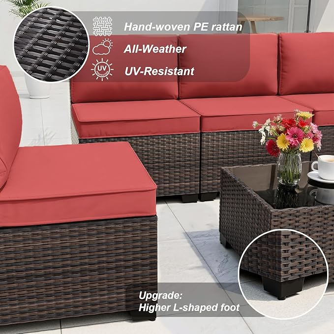 ALAULM Patio Furniture Set with Coffee Table, 7 Pieces Outdoor Sectional with Wide Seat and Thick Cushion, All Weather Wicker Rattan Conversation Set for Backyard, Garden, Deck, Red