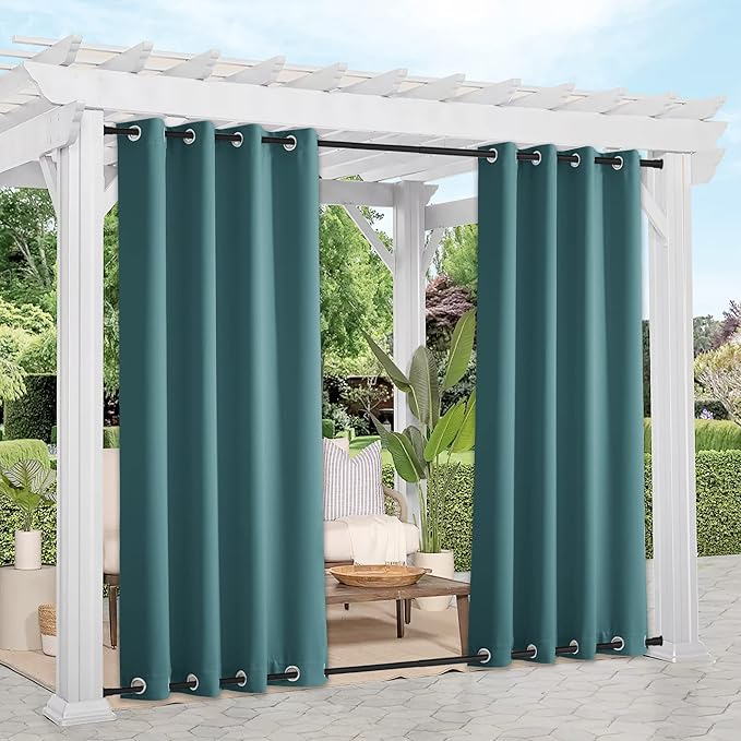 NICETOWN 2 Panels Windproof Outdoor Curtains Top and Bottom Grommet for Patio Waterproof, Fixed Outdoor Blinds Keep Warm & Privacy Thermal Insulated Blackout Drapes for Cabana, W52 x L84, Teal