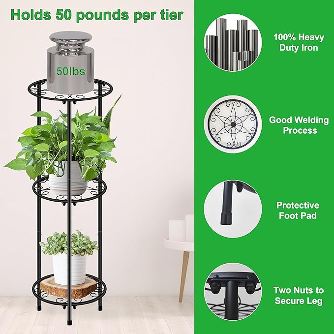 CASIMR Plant Stand Indoor Outdoor, Metal Rustproof Flower Shelf 3 Tier 32.3 inch, Tall Multiple Plant Pot Holder Rack for Garden Patio Living Room Corner Balcony, 2 Pack Black
