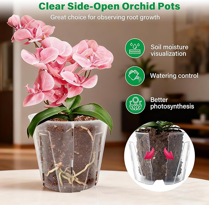 5 Inch Side-Open Orchid Pots 12 Pack, Clear Plastic Nursery Planters with Detachable Side Walls for Easy Repotting, Breathable Slotted Flower Pots with Drainage for Root Health