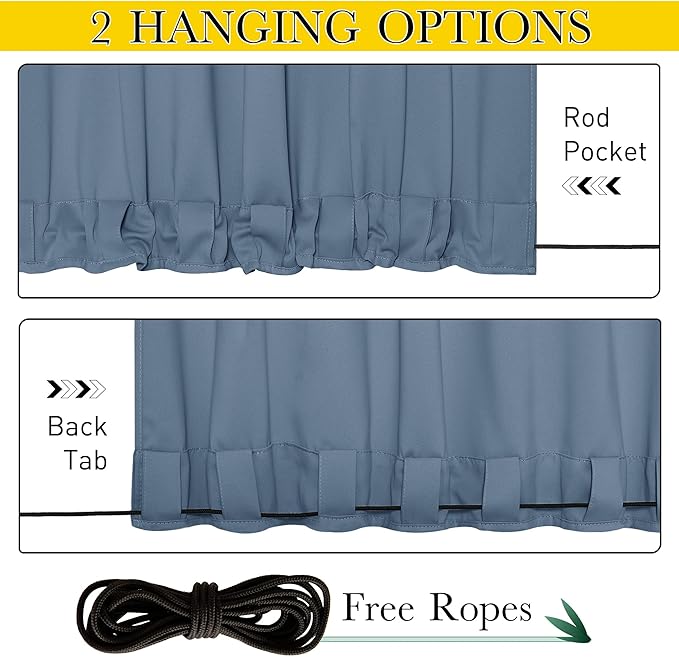 NICETOWN 2 Panels Outdoor Curtains for Patio Extra Wide 84", Waterproof & Windproof Grommet & Back Tab Fixed Top and Bottom Sun Blocking Privacy Drapes with Rope for Gazebo, Stone Blue, W84 x L95