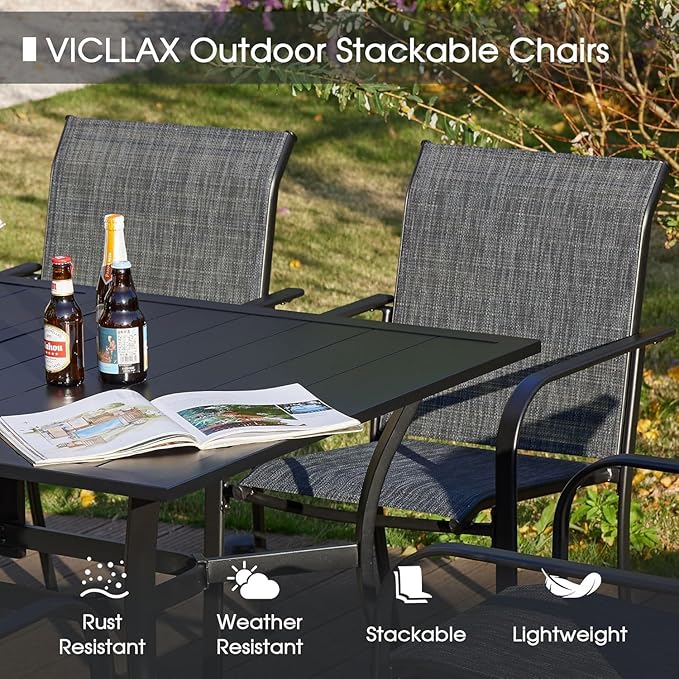 VICLLAX Patio Table and Chair Set of 6, All Weather Metal Round Outdoor Dining Furniture Set-47 Round Outdoor Table and Chairs, Black Tabletop