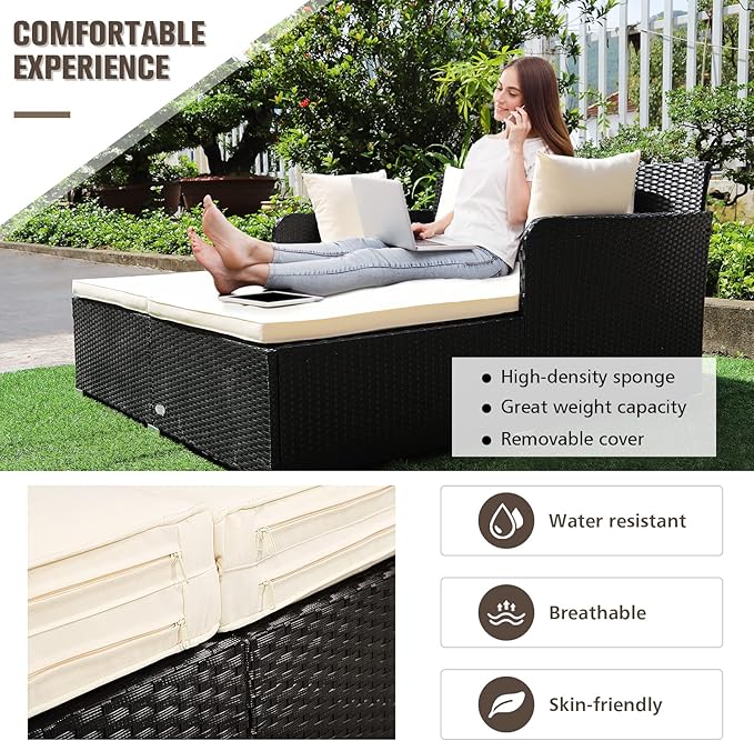 RELAX4LIFE Rattan Patio Outdoor Daybed, Wicker 2-Person Sunbed Loveseat with Soft Cushions, 4 Pillows, Curved Backrest & Armrest, Double Bed Lounger Sofa Set for Balcony Porch, Patio Bed (Beige)