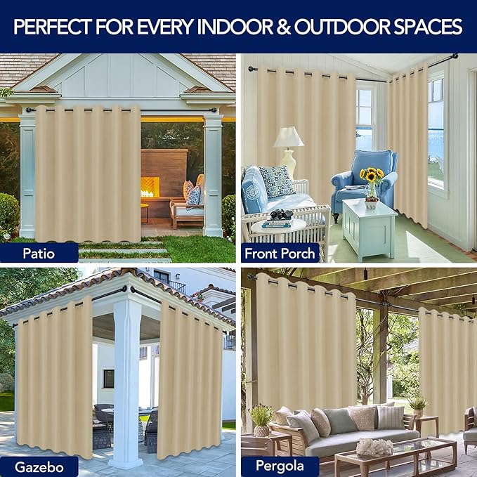 PureFit Outdoor Curtains for Patio Waterproof Weatherproof, UV Resistant Outside Curtains for Gazebo, Front Porch, Pergola, Sun Blocking Privacy Curtain, 100W x 120L inch, 1 Panel, Beige