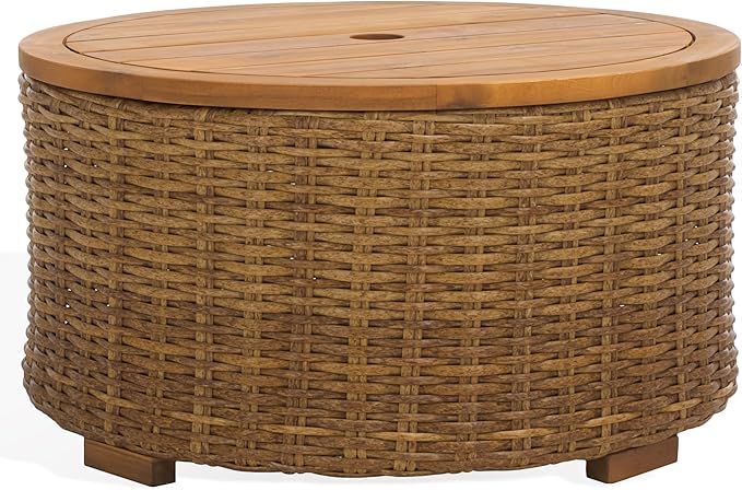 SAFAVIEH Couture Collection – Anguilla Faux Wicker Indoor/Outdoor Storage Coffee Table, Fully Assembled, Natural Brown Patio Accent Table with Removable Wood Top (CPT2103A)